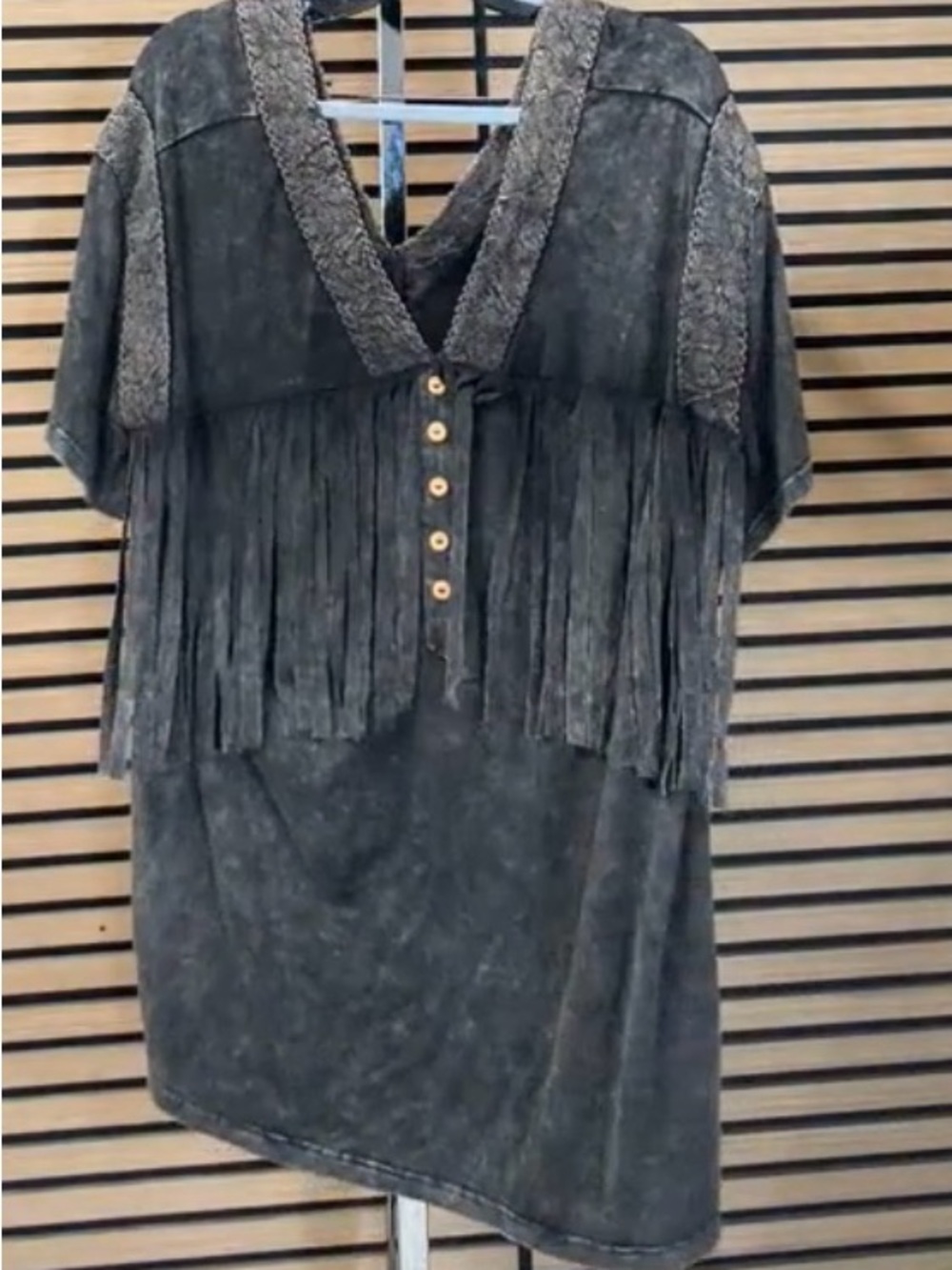 Fringed V-Neck Washed Black Women's Top